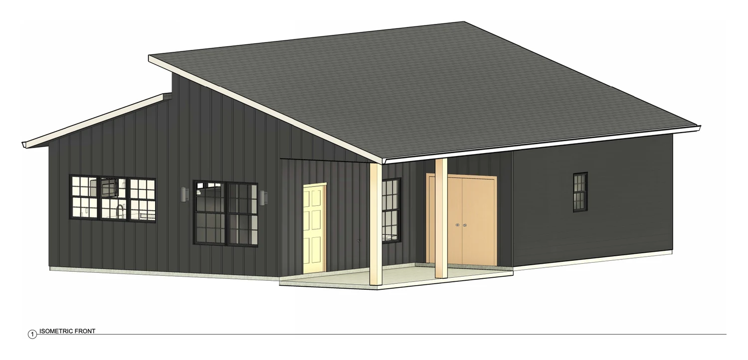 3D isometric model of the custom Bella Vista home showing offset shed rooflines