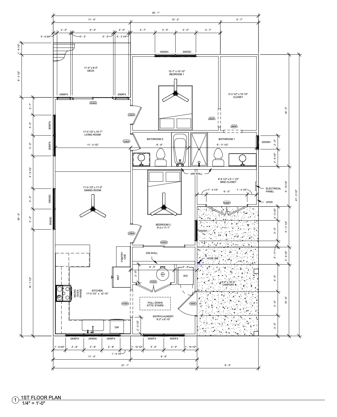Construction floor plan for the custom Bella Vista home, showing the bike closet and carport