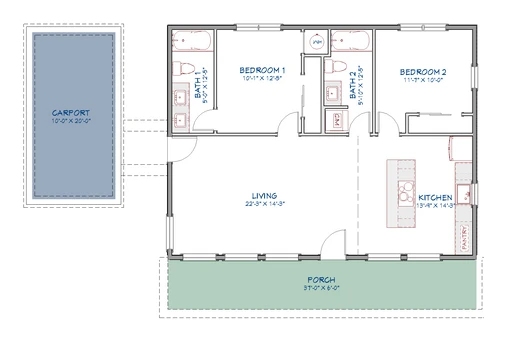 Harvey's Hideout alternative floor plan with attached carport or garage
