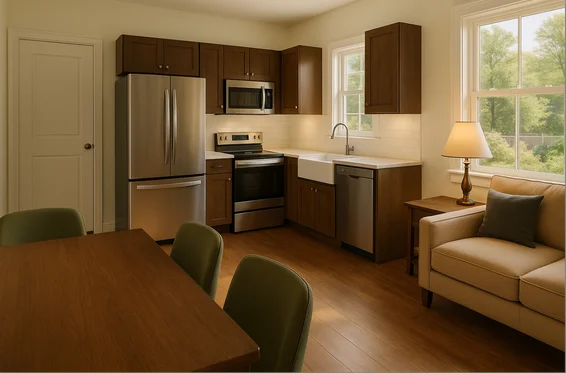 Little Lucy interior rendering — open kitchen, dining, and living area