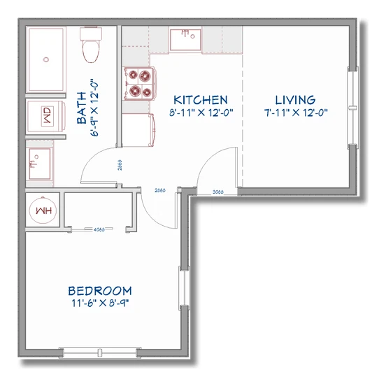Little Lucy floor plan drawing — kitchen 8'11 x 12', living 7'11 x 12', bedroom 11'6 x 8'9, full bath with washer and dryer