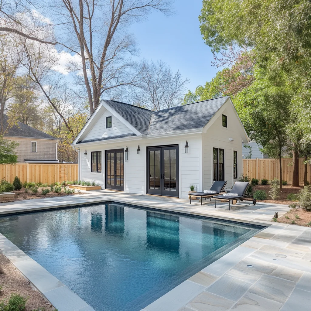 Custom pool house exterior built by Evergreen Builders